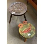 OAK STOOL WITH CARVED FLOWER TOP ALONG WITH A FROG STOOL