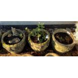 TRIO OF ROUND RECONSTITUTED STONE PLANTERS