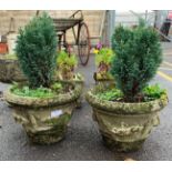 PAIR OF RECONSTITUTED STONE WEATHERED PLANTERS