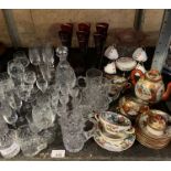 VARIOUS CUT GLASS, 6 CHAMPAGNE FLUTES, ROYAL GOLDEN VICTORIA CHINA & ORIENTAL STYLE BONE CHINA