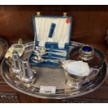 QUANTITY OF SILVER PLATED ITEMS INCLUDING TEAPOTS, TRAYS SPOOONS ETC