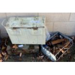 2 PAINTED METAL CRATES & CRATE OF METALWARE