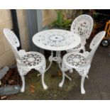 WHITE PAINTED ALUMINIUM BISTRO TABLE WITH 3 MATCHING CHAIRS
