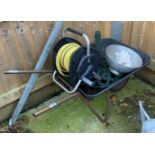 WHEELBARROW, HOSE REEL, PARASOL BASE, GALVANISED COLLANDER & CONCH SHELL