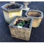 3 VARIOUS WEATHERED RECONSTITUTED STONE POTS, 2 WITH DECORATION