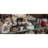 SHELF OF CERAMICS & GLASSWARE INCLUDING WEST GERMAN POTTERY VASE