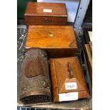 A VICTORIAN MAHOGANY SEWING BOX WITH BRASS SHIELD DECORATION, A CARVED OAK BOX, A WOODEN CIGARETTE