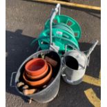 HOSE REEL, TERRACOTTA POTS, GALVANISED WATERING CAN ETC