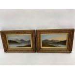 W. King, oil on board, a pair of lake scenes with mountains beyond, each signed and in gold