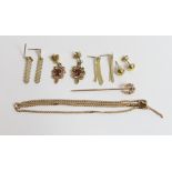 A broken 9 carat gold chain; with a 9 carat gold horseshoe stickpin; and four pairs of earrings