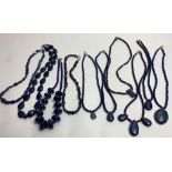Ten Lapis Lazuli and other gemstone bead necklaces with interval beads to include coral, metal and