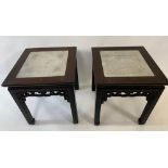 A pair of 20th century hardwood side tables in Chinese style with marble inserts to the top, 52cm