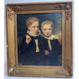 19th Century English School - Portrait of two young boys wearing dark suits and white frilled