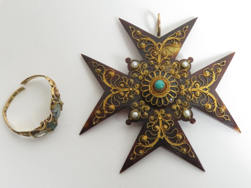 An early Victorian tortoiseshell and wire work Maltese Cross pendant; with a Victorian 12 carat gold