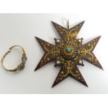 An early Victorian tortoiseshell and wire work Maltese Cross pendant; with a Victorian 12 carat gold