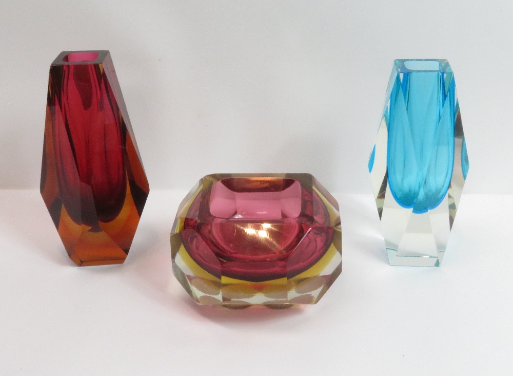A Murano faceted red glass dish, along with a blue Sommerso vase and another similar