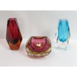 A Murano faceted red glass dish, along with a blue Sommerso vase and another similar