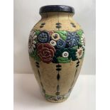 A large Amphora vase of baluster form, painted in coloured enamels with stylised floral bands, marks
