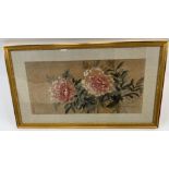 A 20th century Chinese painting of pink chrysanthemums, on paper, with linen mount, framed and