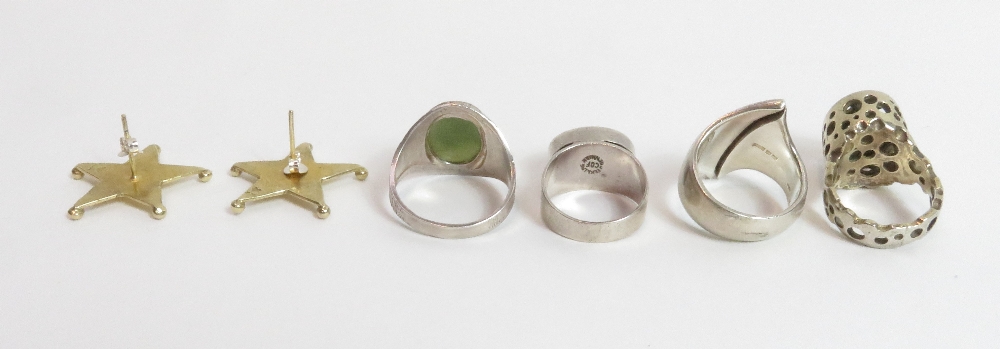 A Danish silver ring, stamped 'COF'; three other silver modernist rings; and a pair of silver gilt - Image 2 of 3