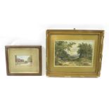 A watercolour of a rural scene together with a small watercolour of a pond and houses, signed E J