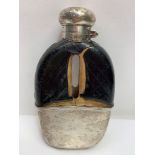 A late Victorian silver mounted glass hip flask, Birmingham 1896, the leather covered upper body