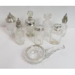 A silver mounted glass scent bottle, with glass stopper; two silver mounted glass toilet bottles;