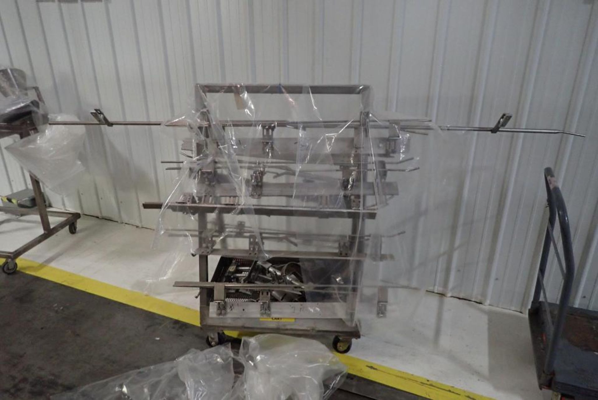 (5) SS parts carts with forming tubes from baggers