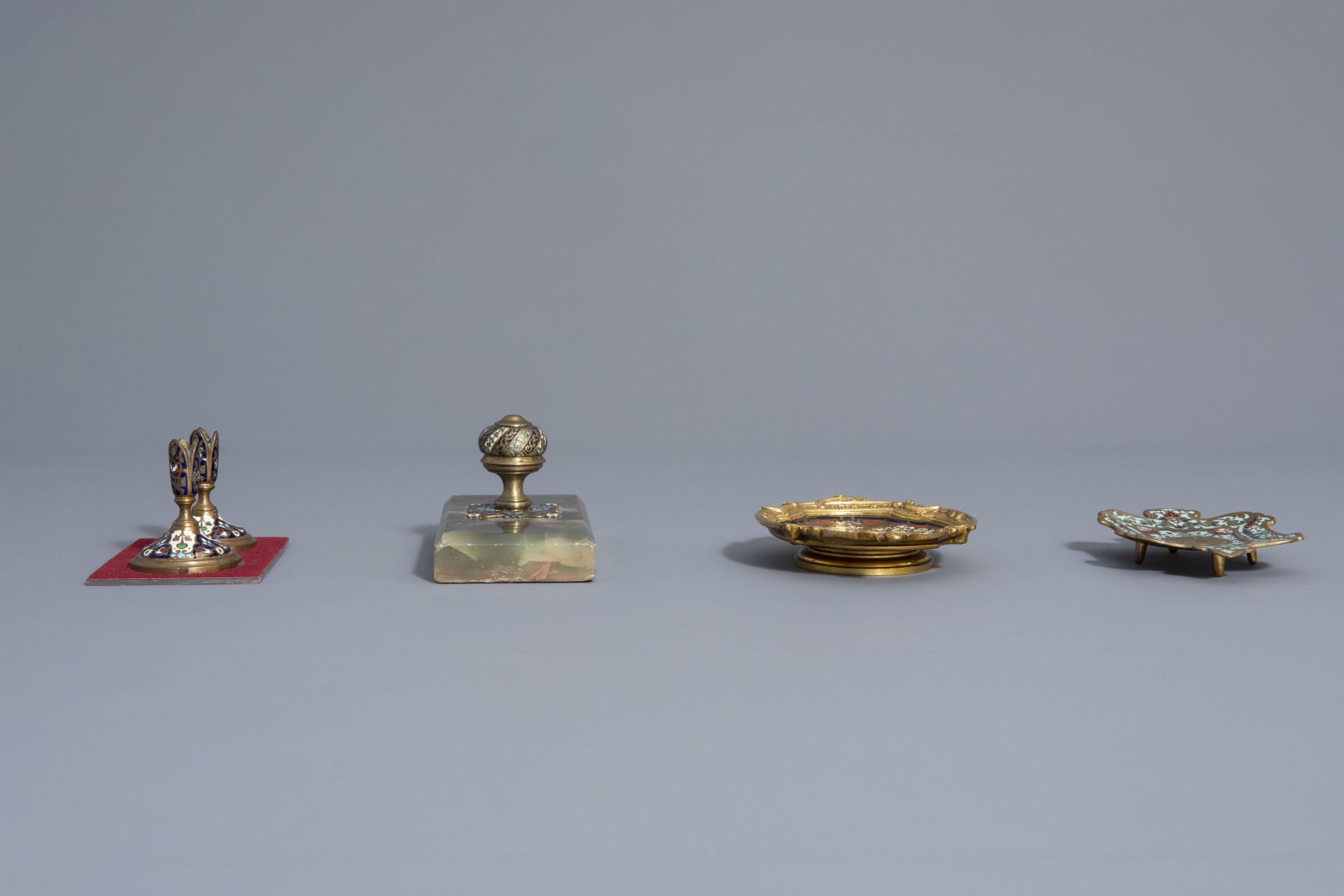 Group of cloisonné & champlevé mirrors, accessories & candle holders, a.o. Limoges, France, 19th C. - Image 12 of 18