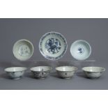 Six Chinese blue and white bowls and a dish with different designs, Ming