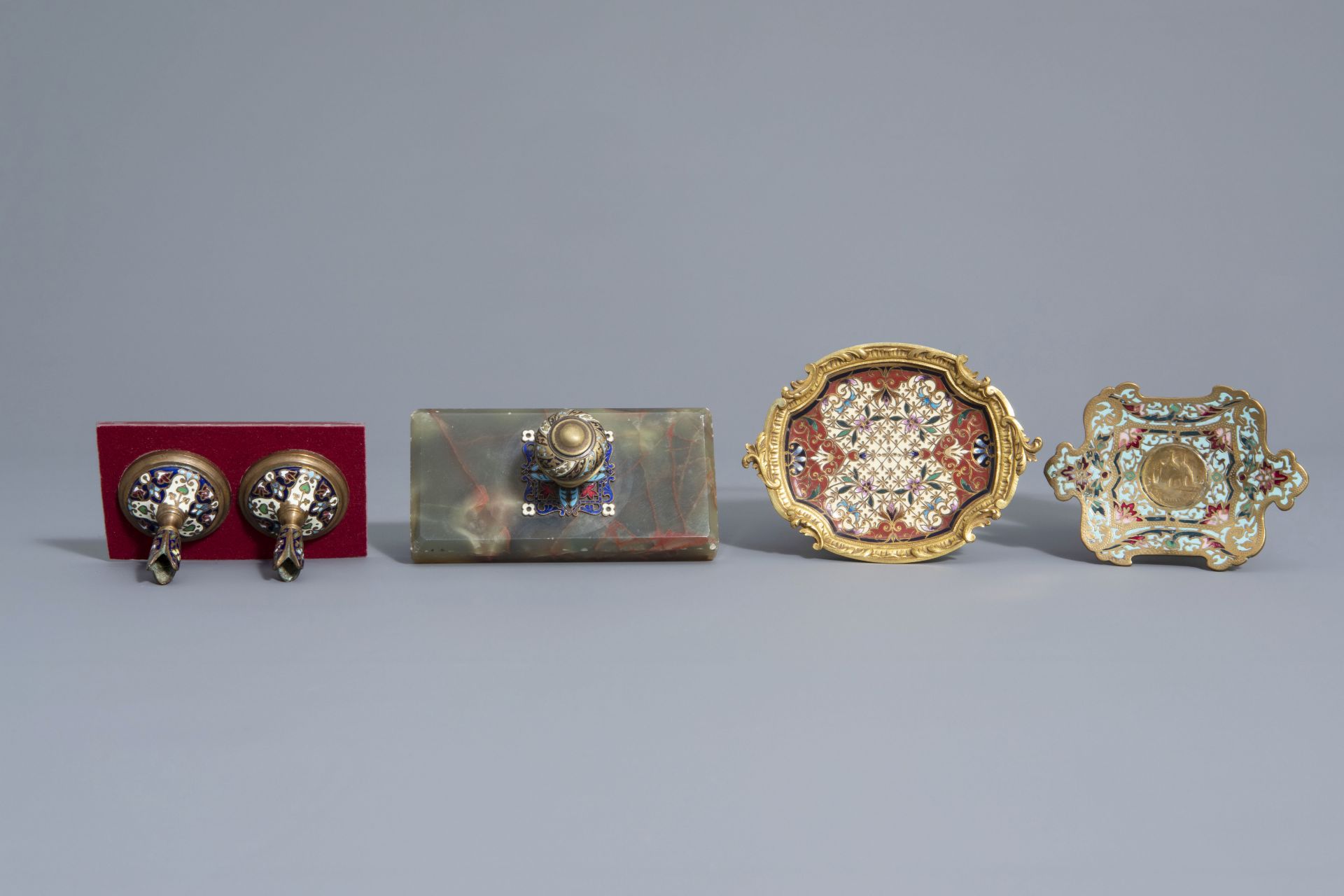 Group of cloisonné & champlevé mirrors, accessories & candle holders, a.o. Limoges, France, 19th C. - Image 13 of 18