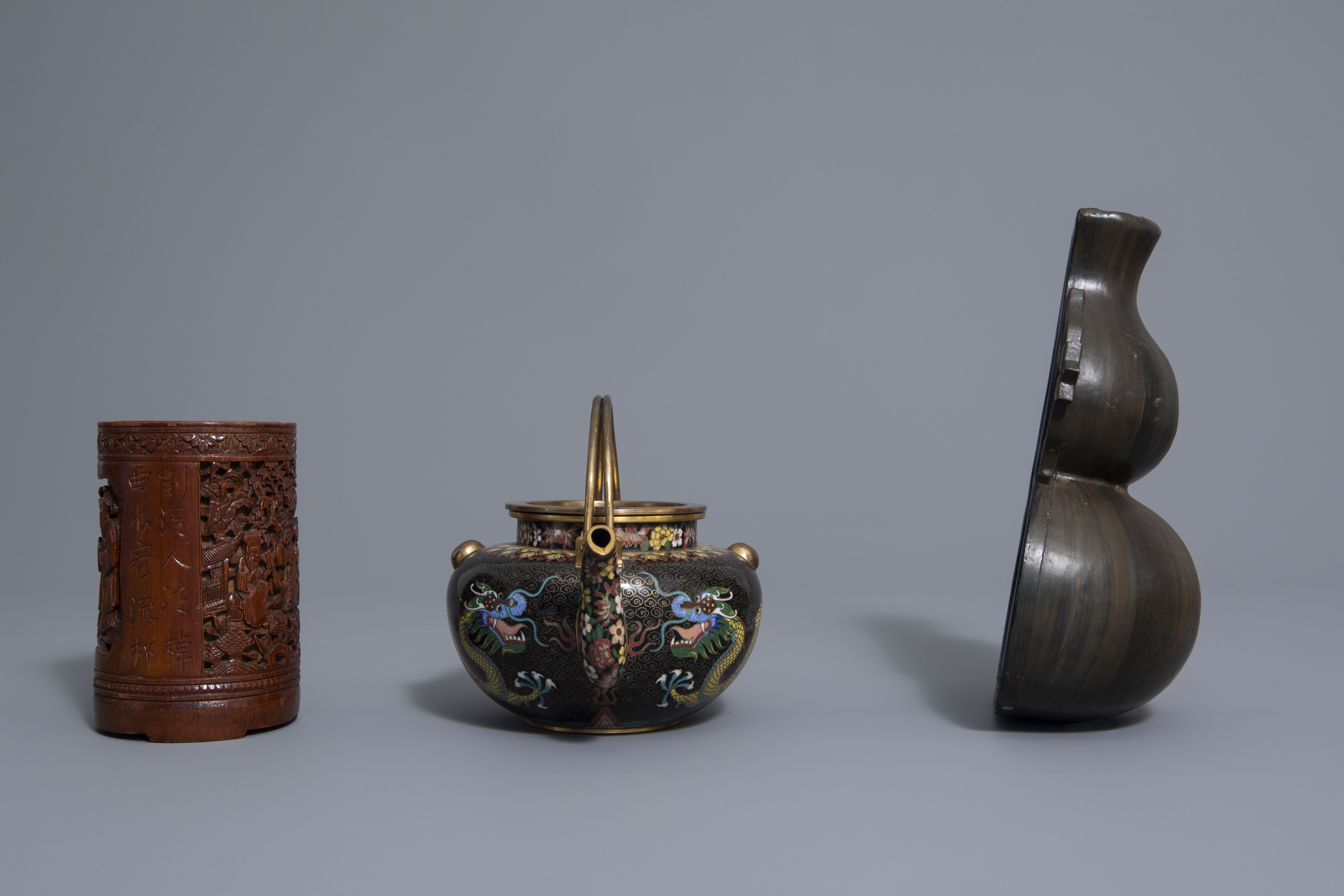 A Chinese tea block, cloisonné teapot, wall vase, bamboo brush pot & 3 red lacquer vases, 20th C. - Image 13 of 16