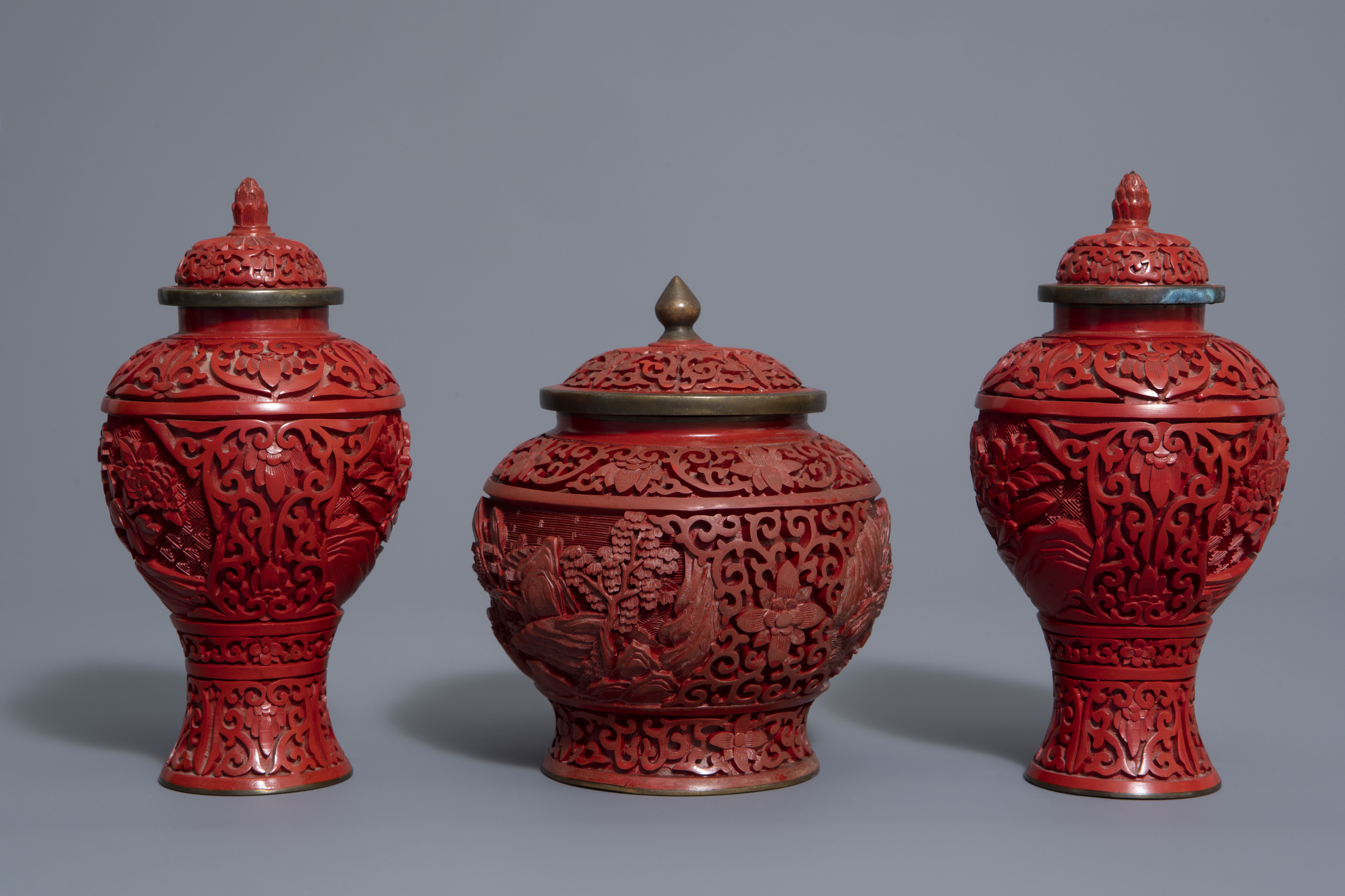 A Chinese tea block, cloisonné teapot, wall vase, bamboo brush pot & 3 red lacquer vases, 20th C. - Image 5 of 16