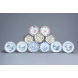 Eleven Chinese blue and white and famille rose plates, Qianlong and later