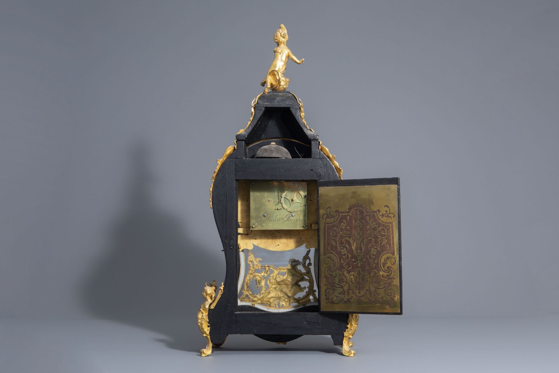 French gilt bronze tortoise & brass marquetry Boulle cartel clock, Cailliard ˆ Paris, 18th/19th C. - Image 6 of 21