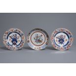 Three Chinese famille rose and Imari style plates, Kangxi/Yongzheng