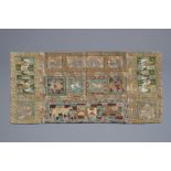 A decorative Indian wool wall tapestry with hunting and trading scenes, 20th C.