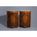 Pair of French burl wood Louis XVI corner cupboards with flower vase and marble top, 18th C.