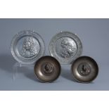 Pair of pewter plates with royals and a pair of bowls with busts, prob. France, 19th/20th C.