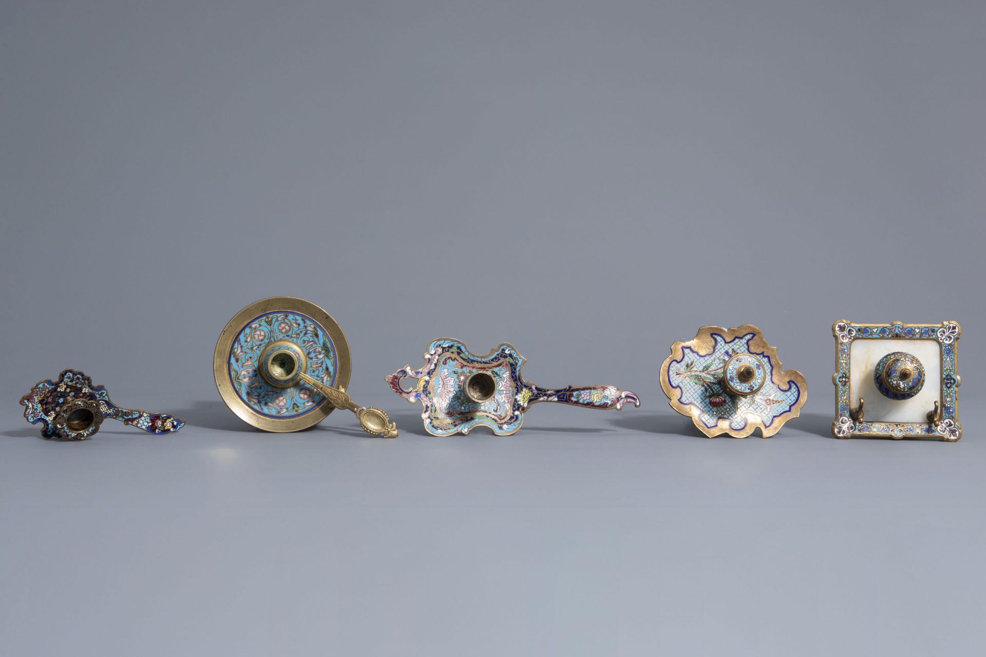 Group of cloisonné & champlevé mirrors, accessories & candle holders, a.o. Limoges, France, 19th C. - Image 6 of 18