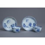 A pair of Chinese blue and white 'Dames au Parasol' cups and saucers after Cornelis Pronk, Qianlong