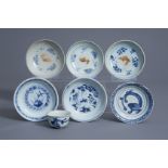 Five Chinese blue and white plates and a 'dragon' cup and saucer, Ming