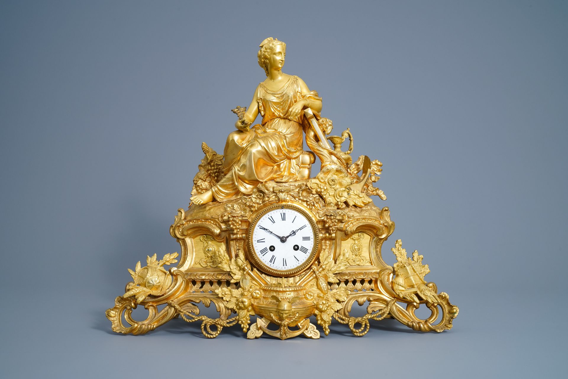 A French gilt bronze three-piece clock garniture with classical theme, 19th C. - Image 2 of 18