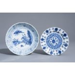 Two Chinese blue and white plates with a hunting scene and a floral design, Chenghua mark, Kangxi