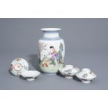 A Chinese famille rose eggshell vase and six 'Wu Shuang Pu' covers, 19th/20th C.