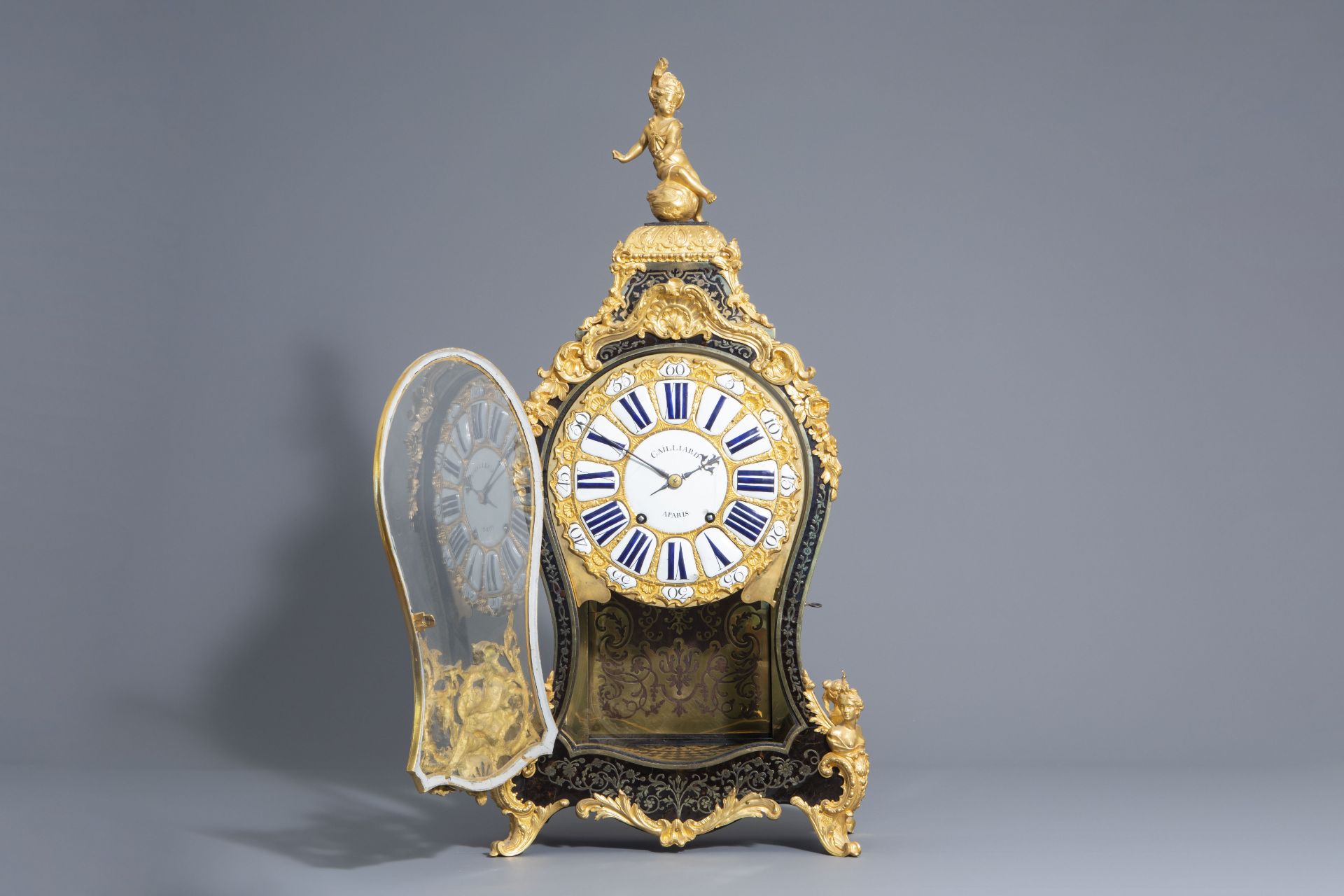 French gilt bronze tortoise & brass marquetry Boulle cartel clock, Cailliard ˆ Paris, 18th/19th C. - Image 3 of 21