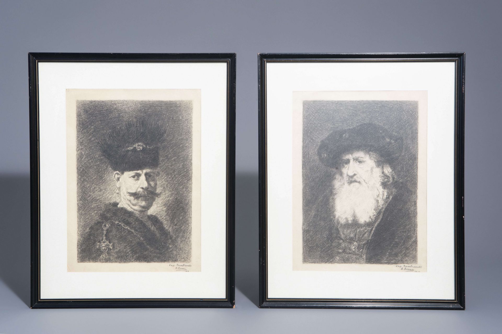 Max Moreau (1902-1992): Two men's portraits after Rembrandt, charcoal on paper, dated 1917