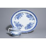 A Chinese blue and white chamber pot and an oval platter with different designs, Qianlong