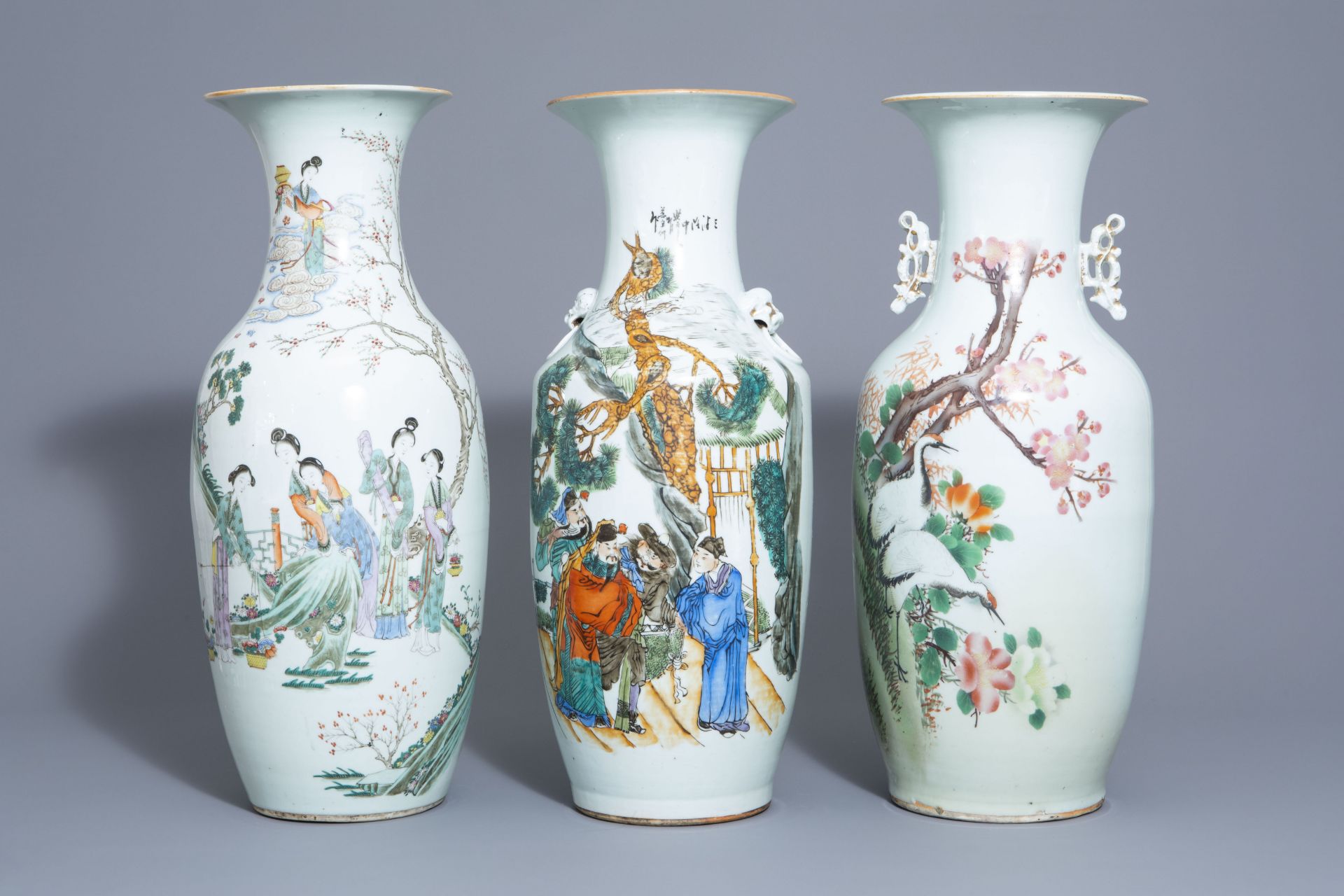 Three Chinese famille rose vases with different designs, 19th/20th C.