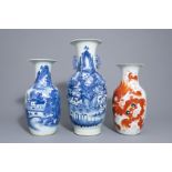 Three Chinese blue and white and iron red vases, 19th/20th C.